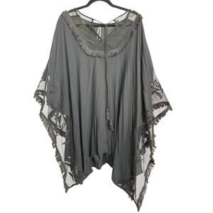 Anthropologie Black Boho Tassel Poncho Tunic Mesh Lace Fringe Top XS S